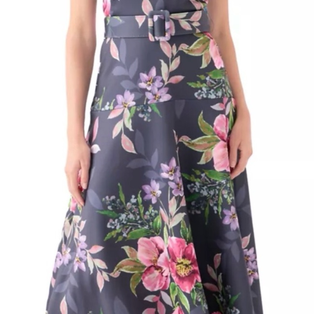 Gabby Skye Floral A-Line Midi Skirt with Belt - Pink & Navy